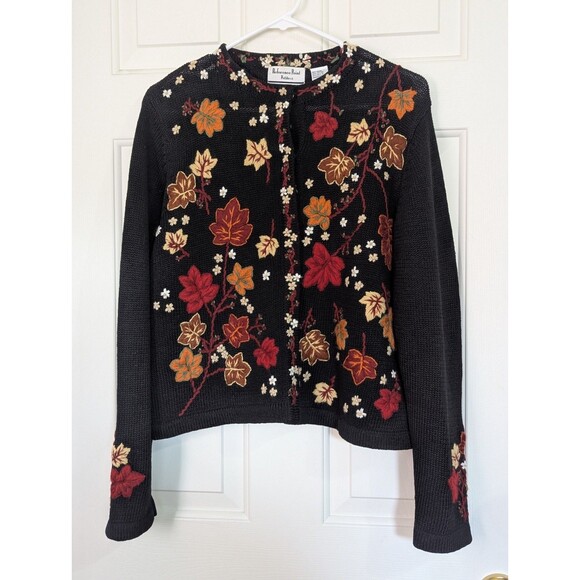 Reference Point Cardigan Womens Medium Petite Black Autumn Leaves Thanksgiving - Picture 1 of 10